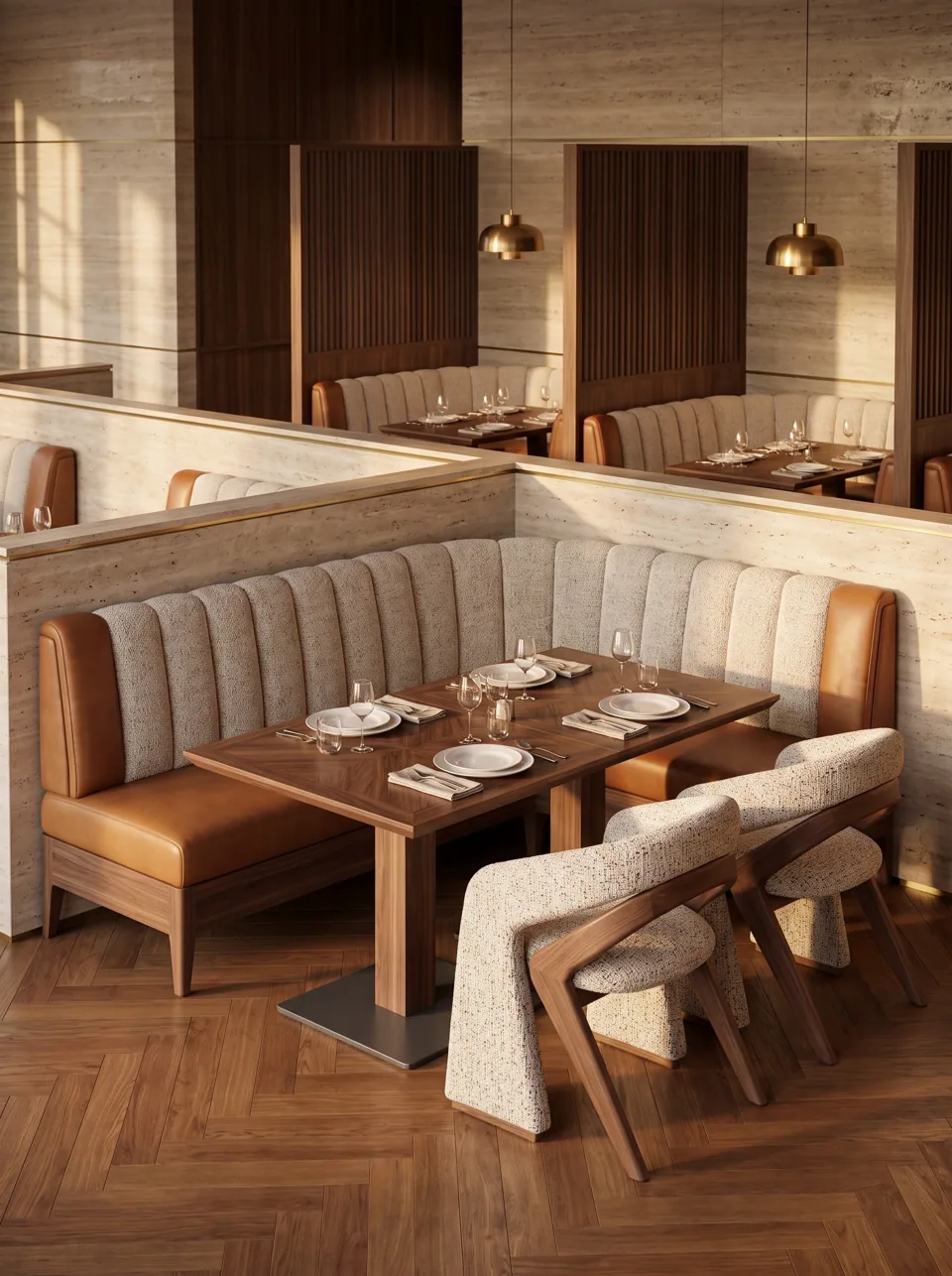Cognac & Bouclé Corner Banquette